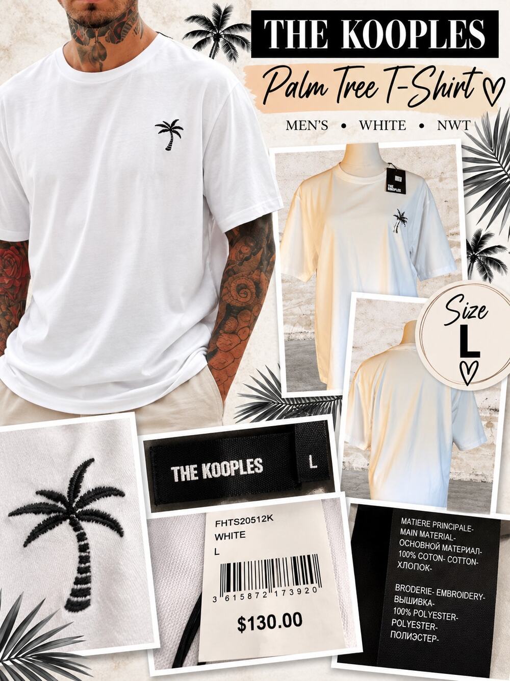 THE KOOPLES $130 Mens White Palm Tree-Embroidered Cotton T-Shirt Size Large NWT